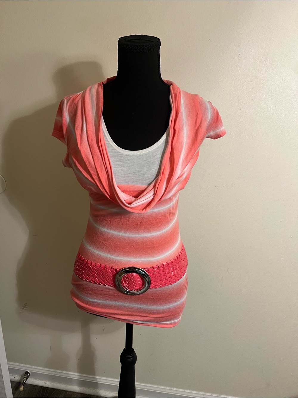 Deb Coral and White Striped Cowl Neck Top with Braided Loop